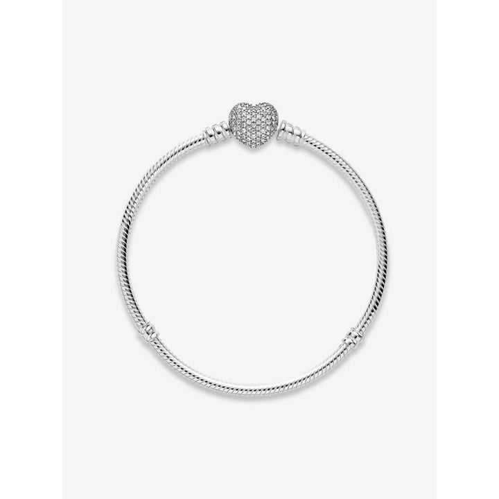 Pandora Sterling Silver Sparkling Heart & Snake Chain Bracelet Image 5