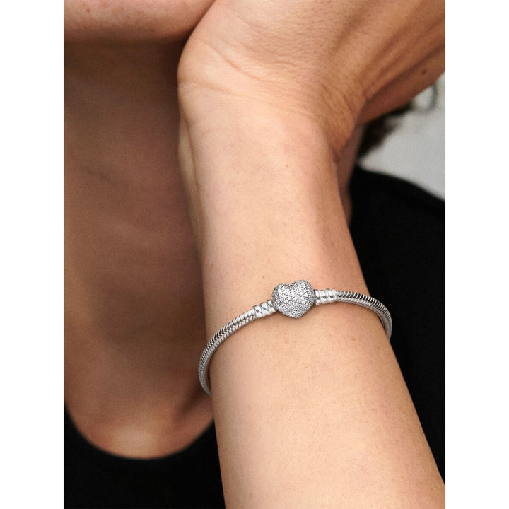 Pandora Sterling Silver Sparkling Heart & Snake Chain Bracelet Image 2