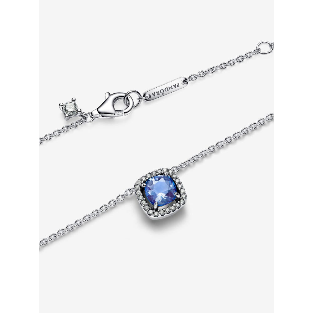 Pandora Sterling Silver Sparkling Square Blue Halo Pendant Necklace Image 5