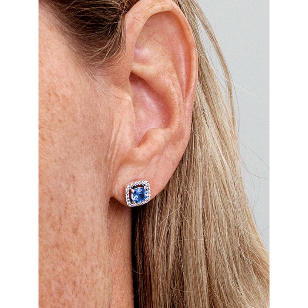 Pandora Sterling Silver Sparkling Square Blue Halo Stud Earrings Image 2