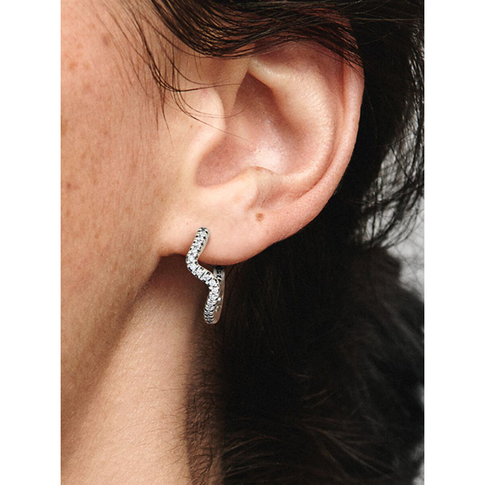 Pandora Sterling Silver Sparkling Wave Hoop Earrings Image 2