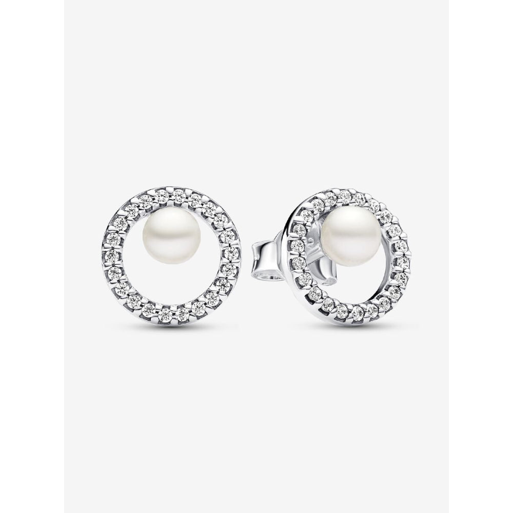 Pandora Sterling Silver Treated Freshwater Cultured Pearl & Pave Halo Stud Earrings Image 1