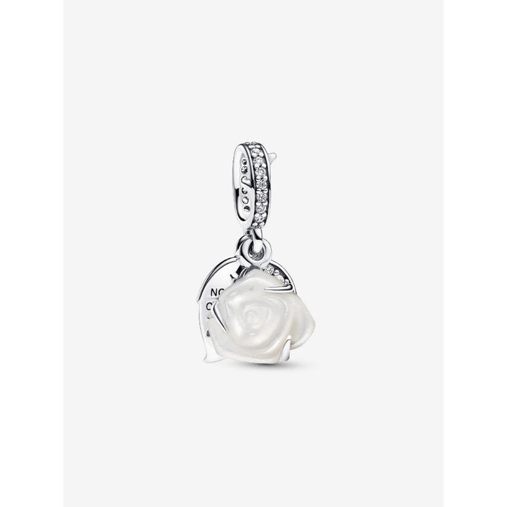 Pandora Sterling Silver White Rose In Bloom Double Dangle Charm Image 1