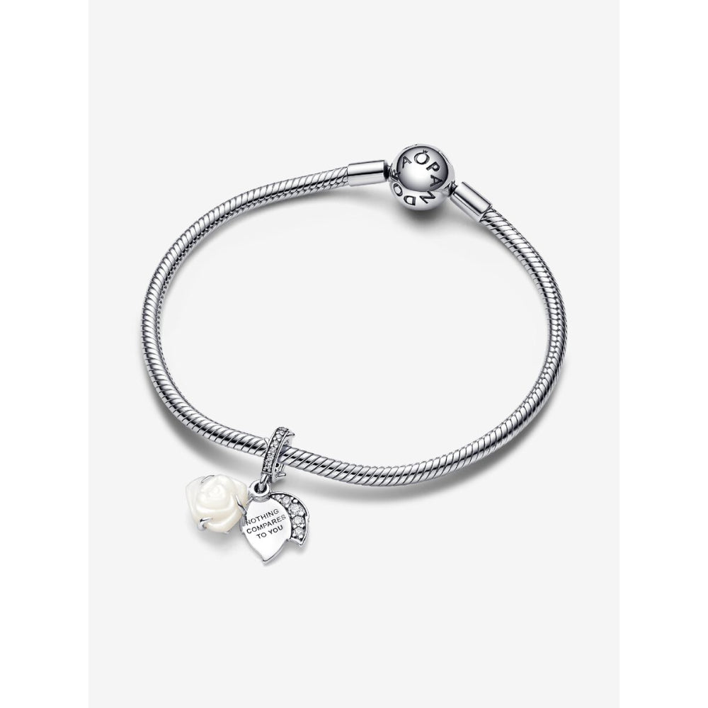 Pandora Sterling Silver White Rose In Bloom Double Dangle Charm Image 5