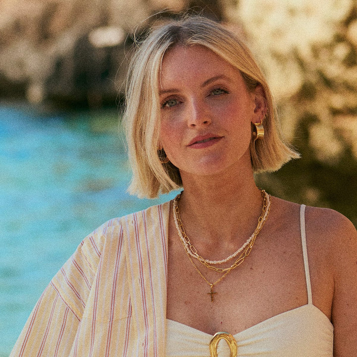 Polly Sayer Beach Pearl T-Bar Necklace: 18ct Gold Plate, Recycled Silver