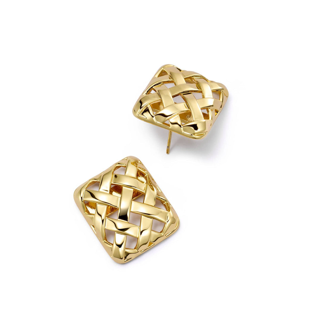 Polly Woven Square Stud Earrings: Elegant 18ct Gold Plated Modern Statement Jewellery