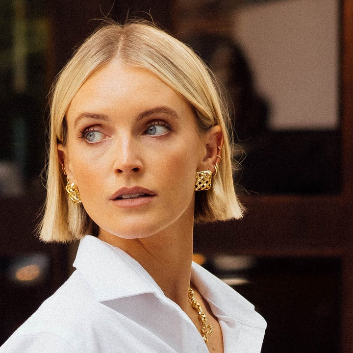 Polly Woven Square Stud Earrings: Elegant 18ct Gold Plated Modern Statement Jewellery