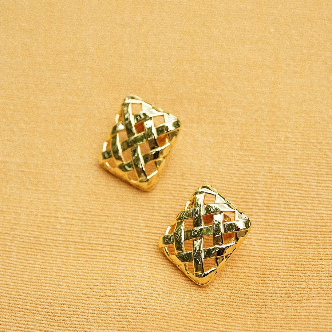 Polly Woven Square Stud Earrings: Elegant 18ct Gold Plated Modern Statement Jewellery