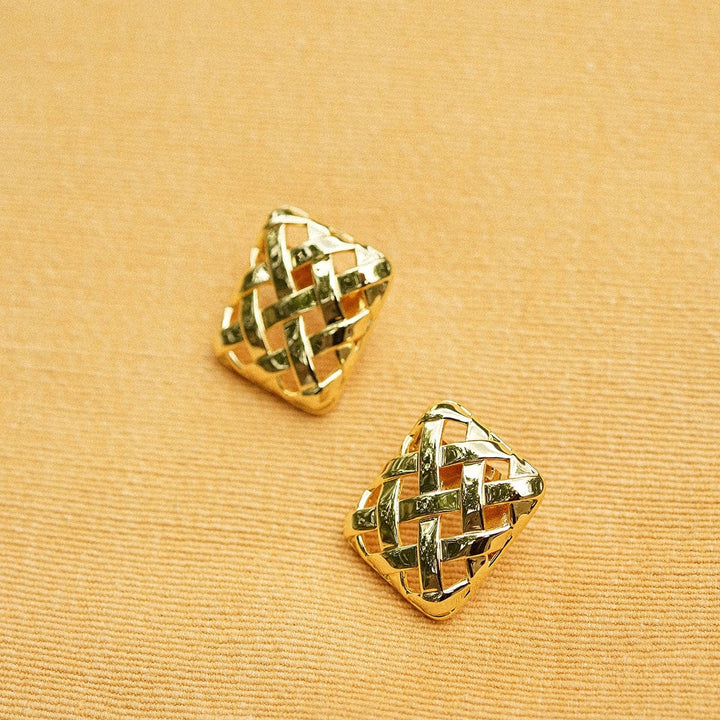 Polly Woven Square Stud Earrings: Elegant 18ct Gold Plated Modern Statement Jewellery