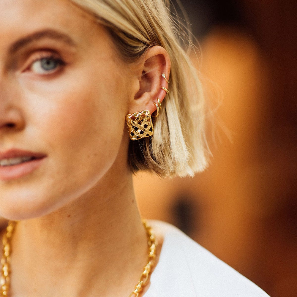 Polly Woven Square Stud Earrings: Elegant 18ct Gold Plated Modern Statement Jewellery