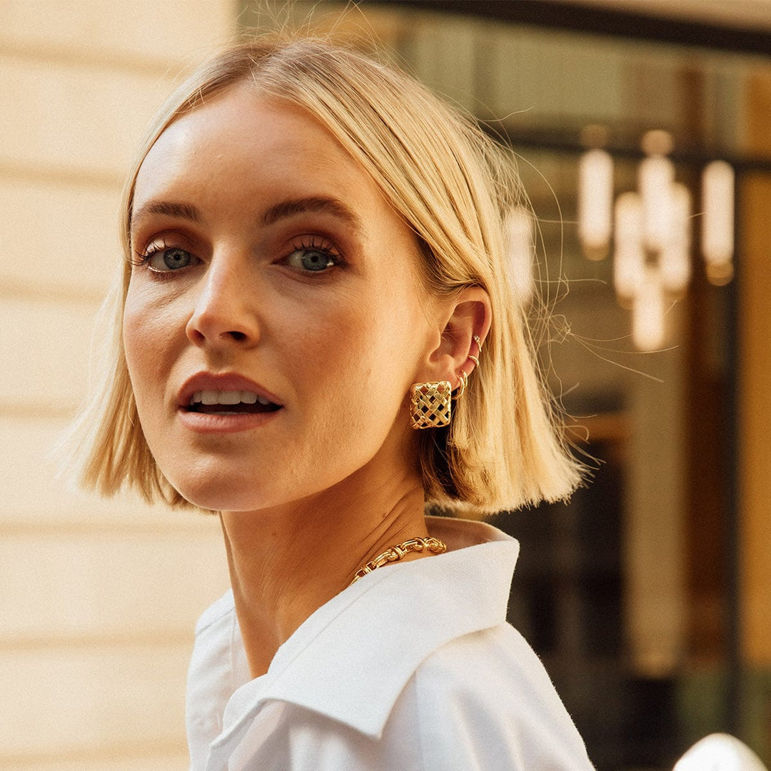 Polly Woven Square Stud Earrings: Elegant 18ct Gold Plated Modern Statement Jewellery