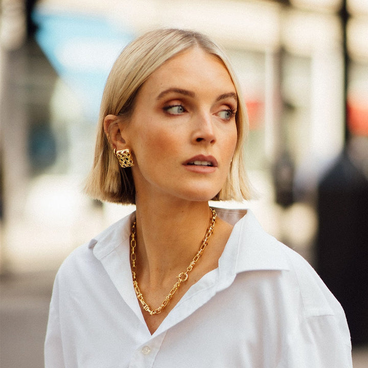 Polly Woven Square Stud Earrings: Elegant 18ct Gold Plated Modern Statement Jewellery