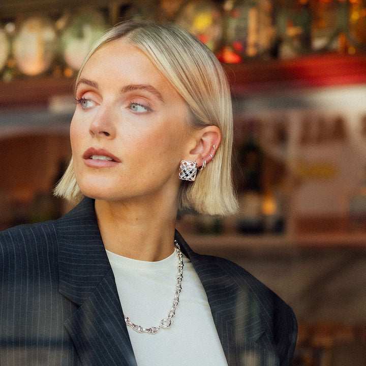 Polly Woven Square Stud Earrings: Elegant Silver Plate Jewellery for Everyday Style