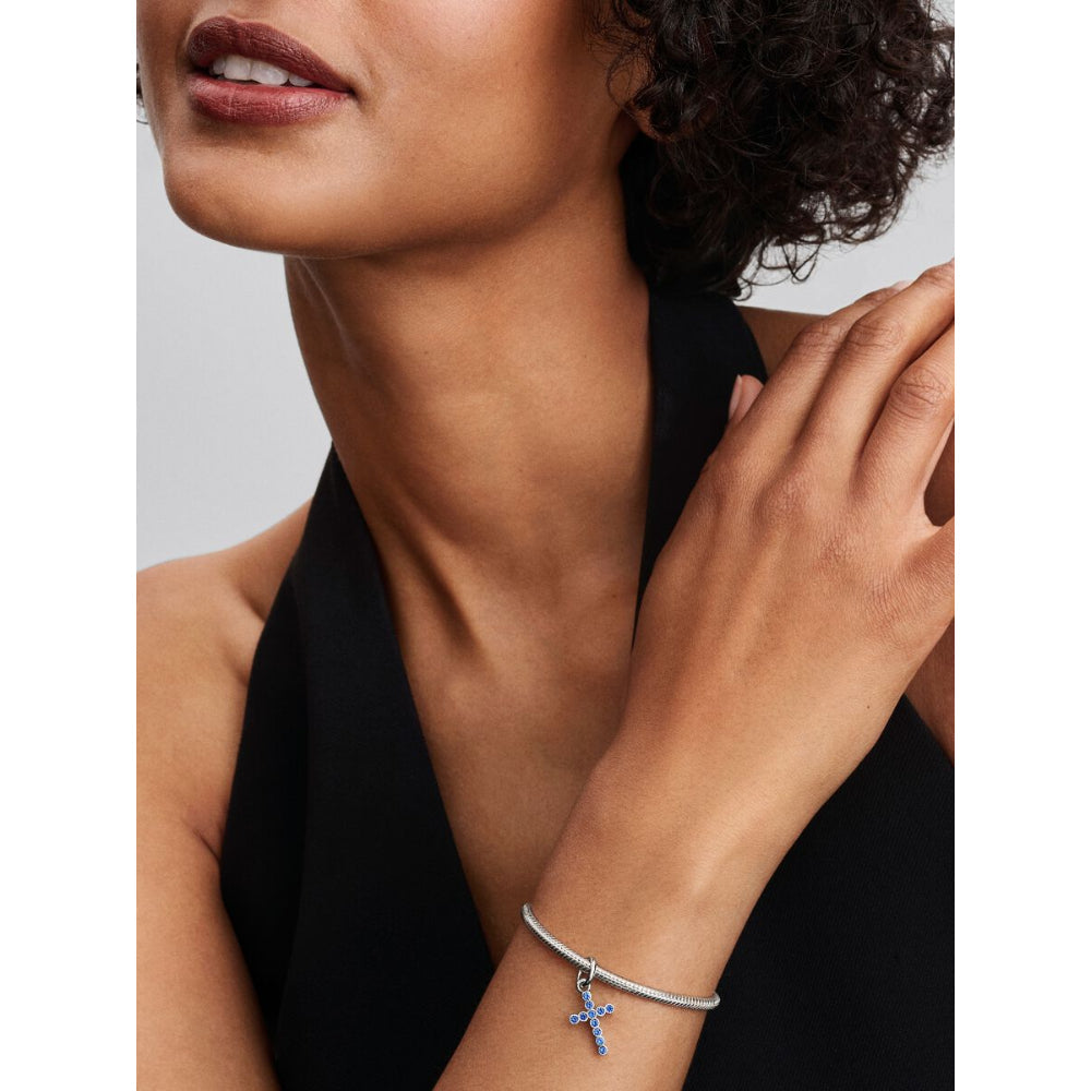 Sterling Silver Cross with Stellar Blue Crystal Dangle image 2