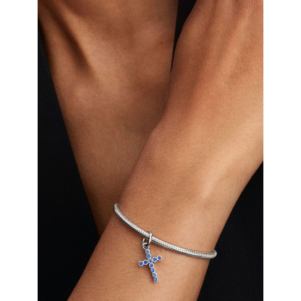 Sterling Silver Cross with Stellar Blue Crystal Dangle image 1
