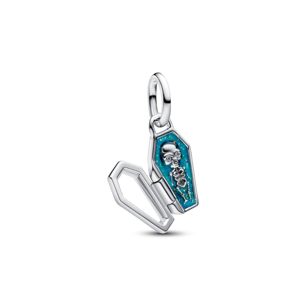 Sterling Silver Openable Coffin with Clear Cubic Zirconia and Glittery Teal Glow In The Dark Enamel Dangle image