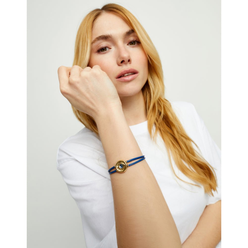 Unode50 18K Gold Plated Double Blue Leather Birthstone Eye Bracelet - PUL2601 - MococoUNOde50PUL2601-18K-BLBracelet