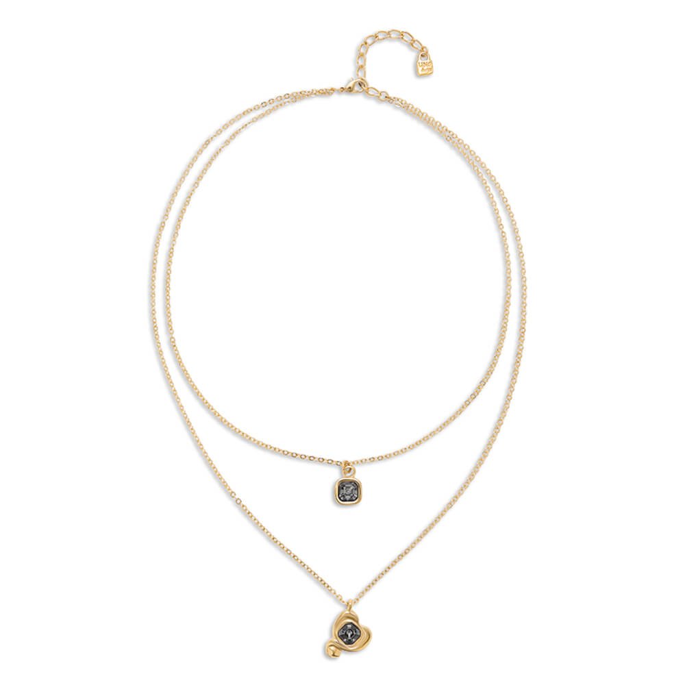 UNOde50 18K Gold - Plated Double Chain and Hearts with Black Crystal Pendant - MococoUNOde50COL2002NGRORO0UNecklaces