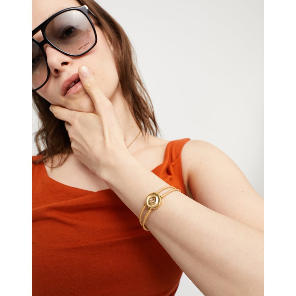 Unode50 18K Gold Plated Double Cream Leather Birthstone Eye Bracelet - MococoUNOde50PUL2601CREORO0MBracelets