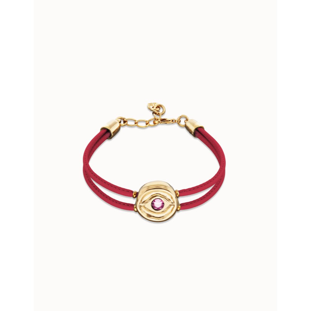 Unode50 18K Gold Plated Double Fuchsia Leather Birthstone Eye Bracelet - MococoUNOde50PUL2601-18K-FSCBracelet