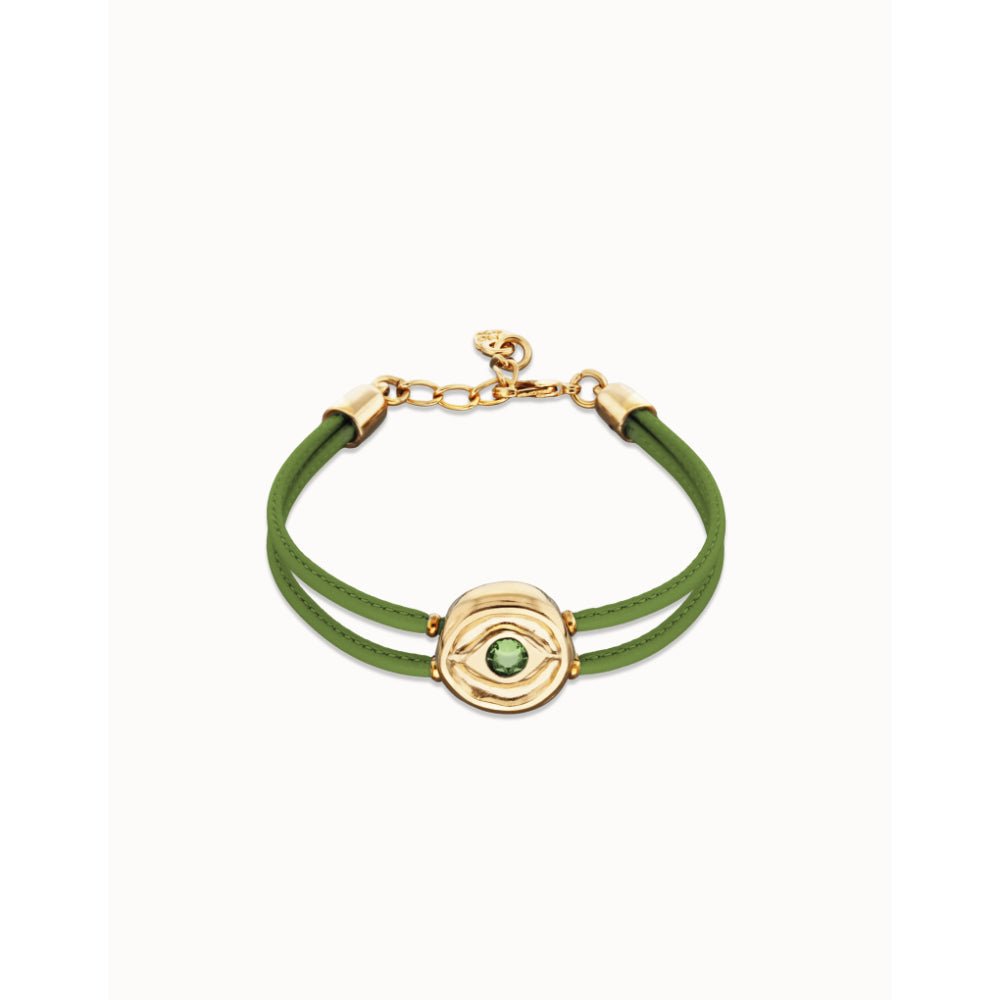 Unode50 18K Gold Plated Double Green Leather Birthstone Eye Bracelet - MococoUNOde50PUL2601-18K-GRBracelet