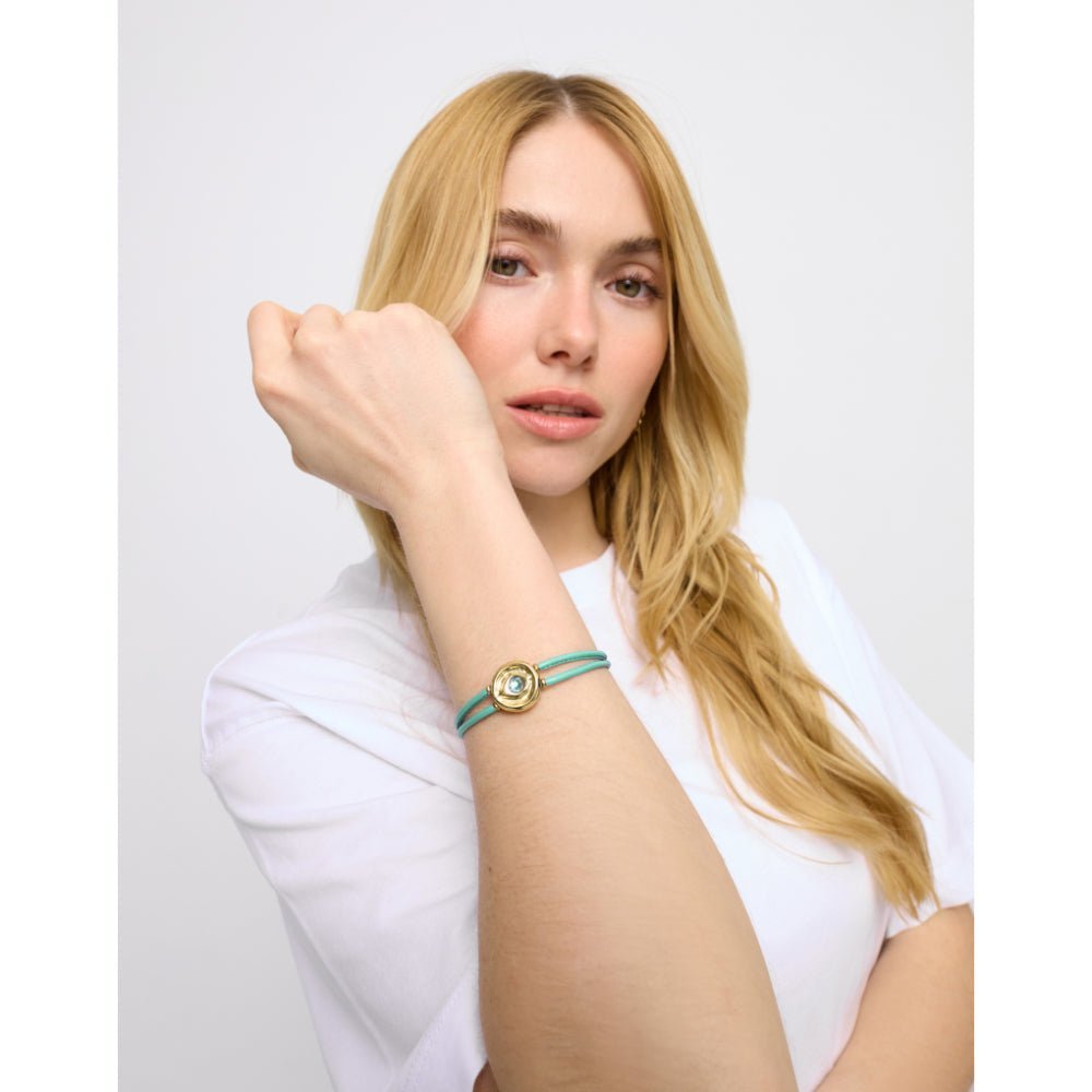 Unode50 18K Gold Plated Double Turquoise Leather Birthstone Eye Bracelet - MococoUNOde50PUL2601TQSORO0MBracelets