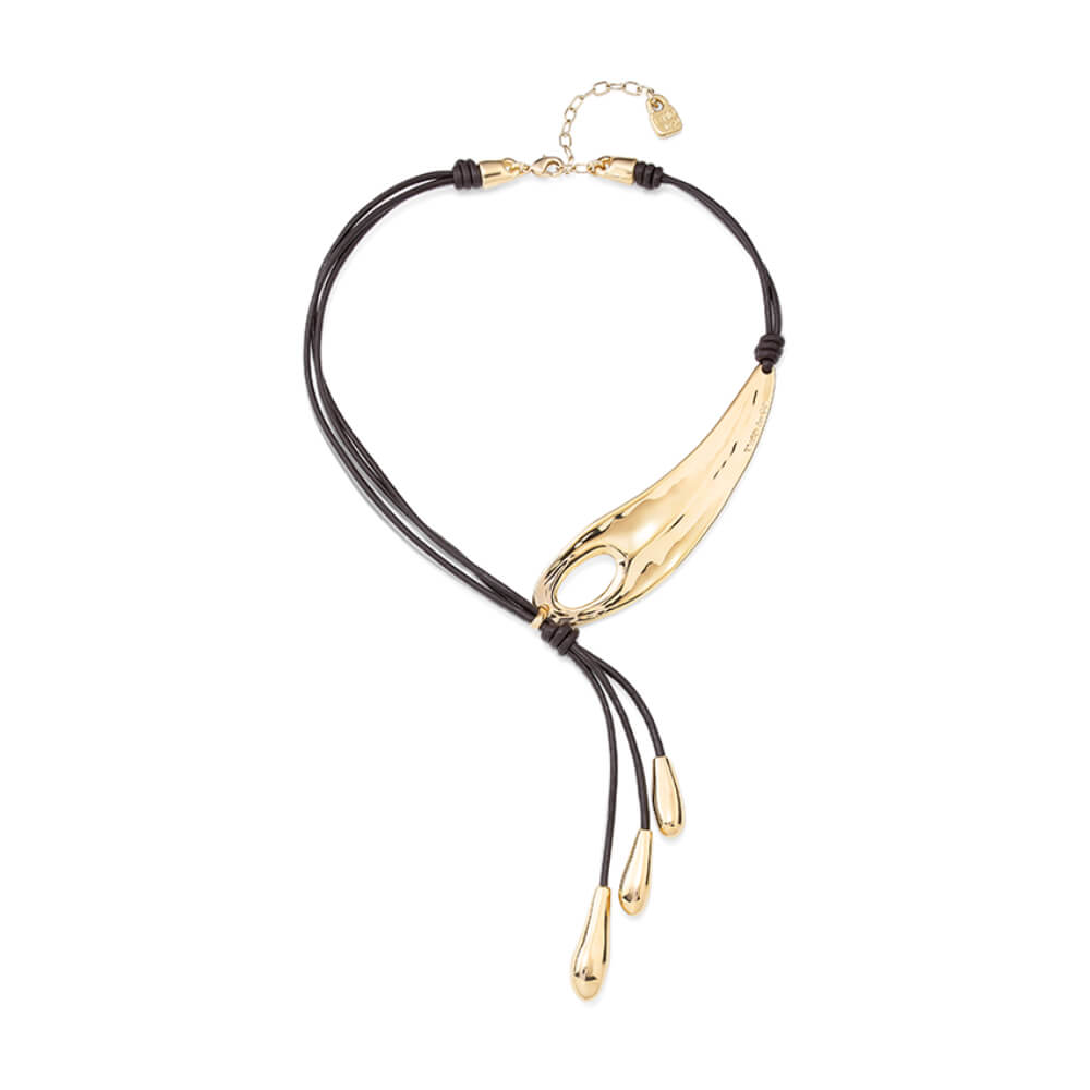 UNOde50 18K Gold - Plated Dual Tubes and Fringed Drop Long Leather Necklace - MococoUNOde50COL1751MARORO0UNecklaces