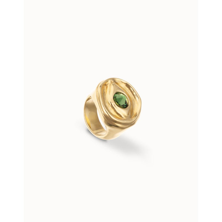 Unode50 18K Gold Plated Eye - Shaped Signet Faceted Green Crystal Ring - MococoUNOde50ANI0856VRDORO12Rings