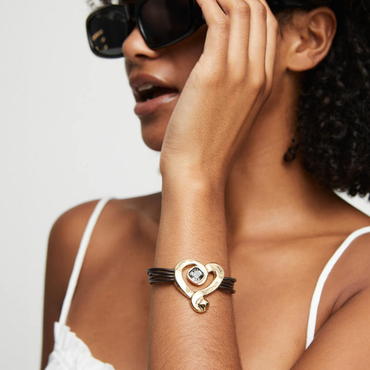 UNOde50 18K Gold - Plated Heart and Black Crystal Leather Bracelet - MococoUNOde50PUL2542NGRORO0MBracelets