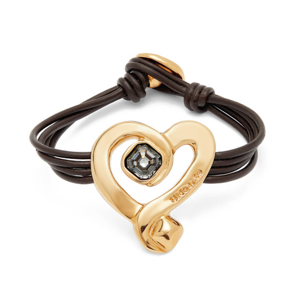 UNOde50 18K Gold - Plated Heart and Black Crystal Leather Bracelet - MococoUNOde50PUL2542NGRORO0MBracelets