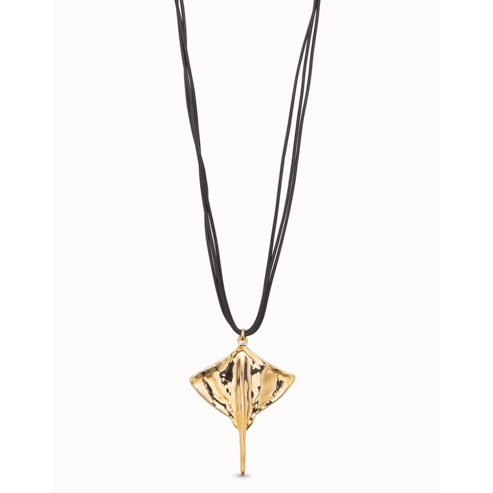 Unode50 18K Gold Plated Long Leather Pendant with Manta Ray Necklace image