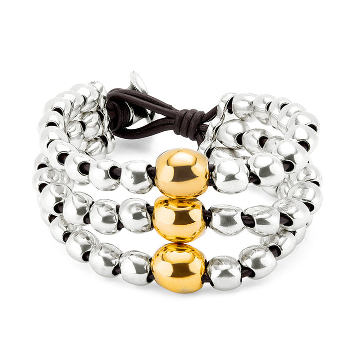 Unode50 18K Gold Plated Three Strand Beaded Leather Bracelet image