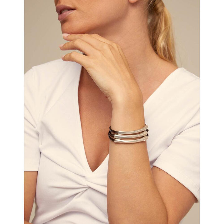 UNOde50 Brown Leather Three Strand Bracelet With Sterling Silver/Gold - Plated Details - MococoUNOde50PUL0856MARMTL - S/MBracelet