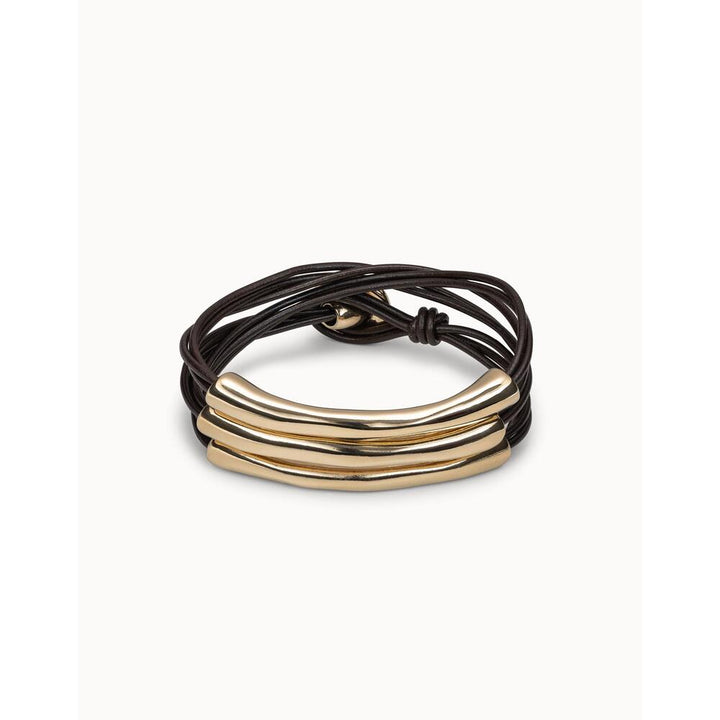 UNOde50 Brown Leather Three Strand Bracelet With Sterling Silver/Gold - Plated Details - MococoUNOde50PUL0856MARMTL - S/MBracelet