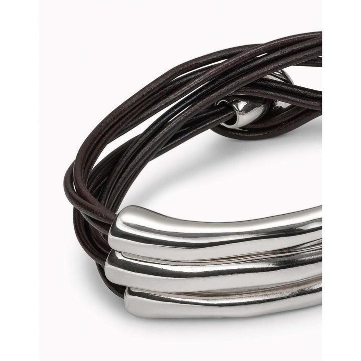 UNOde50 Brown Leather Three Strand Bracelet With Sterling Silver/Gold - Plated Details - MococoUNOde50PUL0856MARMTL - S/MBracelet