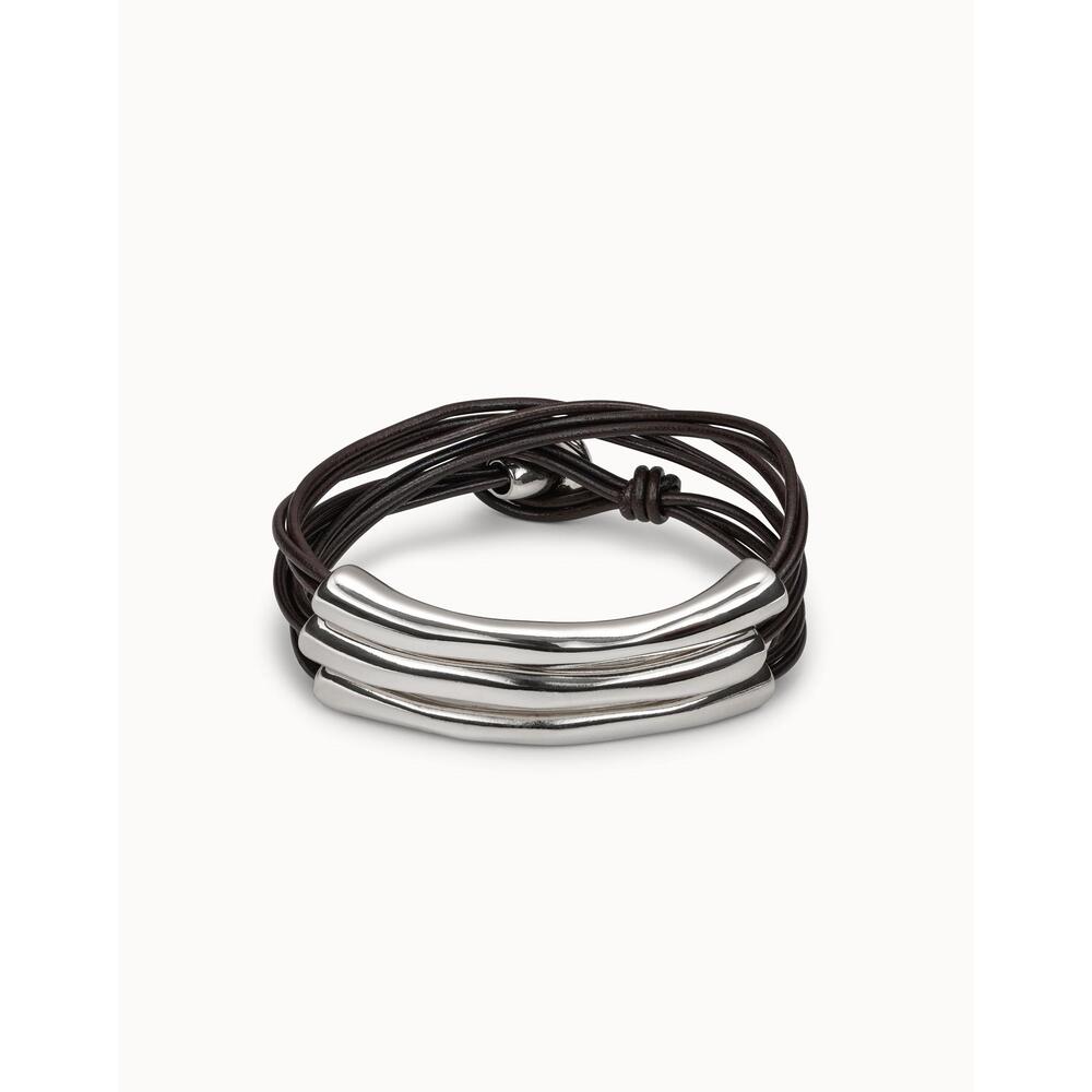 UNOde50 Brown Leather Three Strand Bracelet With Sterling Silver/Gold - Plated Details - MococoUNOde50PUL0856MARMTL - S/MBracelet