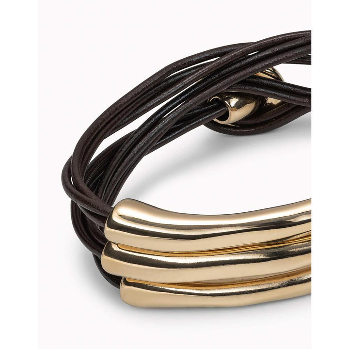 UNOde50 Brown Leather Three Strand Bracelet With Sterling Silver/Gold - Plated Details - MococoUNOde50PUL0856MARMTL - S/MBracelet