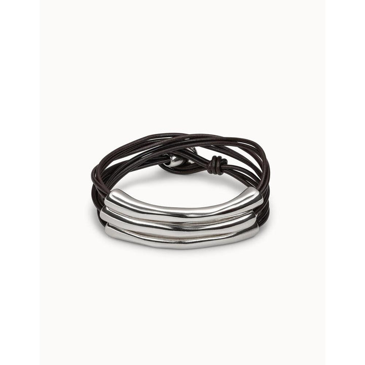 UNOde50 Brown Leather Three Strand Bracelet With Sterling Silver/Gold - Plated Details - MococoUNOde50PUL0856MARMTL - S/MBracelet