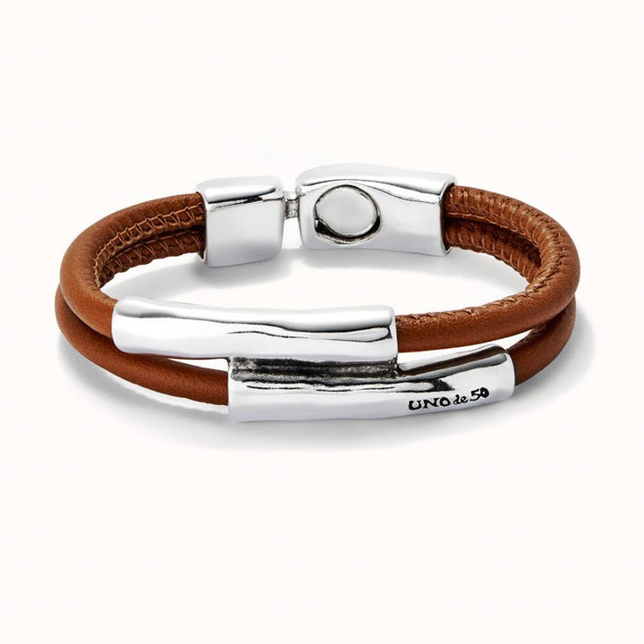 UNOde50 Double Brown/Camel Leather Sterling Silver - Plated Bracelet With Two Tubes - MococoUNOde50PUL2464CAMMTL - LBracelets