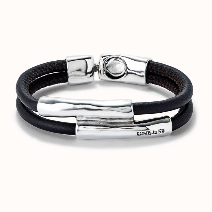 UNOde50 Double Brown/Camel Leather Sterling Silver - Plated Bracelet With Two Tubes - MococoUNOde50PUL2464MARMTL - LBracelets