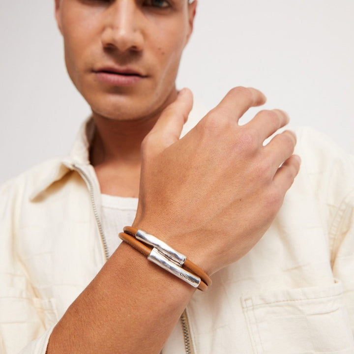 UNOde50 Double Brown/Camel Leather Sterling Silver - Plated Bracelet With Two Tubes - MococoUNOde50PUL2464CAMMTL - LBracelets