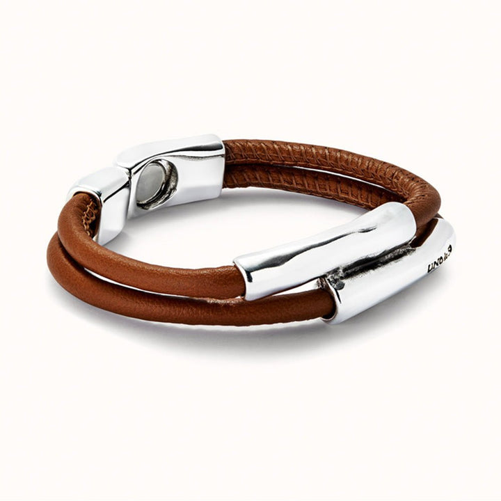 UNOde50 Double Brown/Camel Leather Sterling Silver - Plated Bracelet With Two Tubes - MococoUNOde50PUL2464CAMMTL - LBracelets