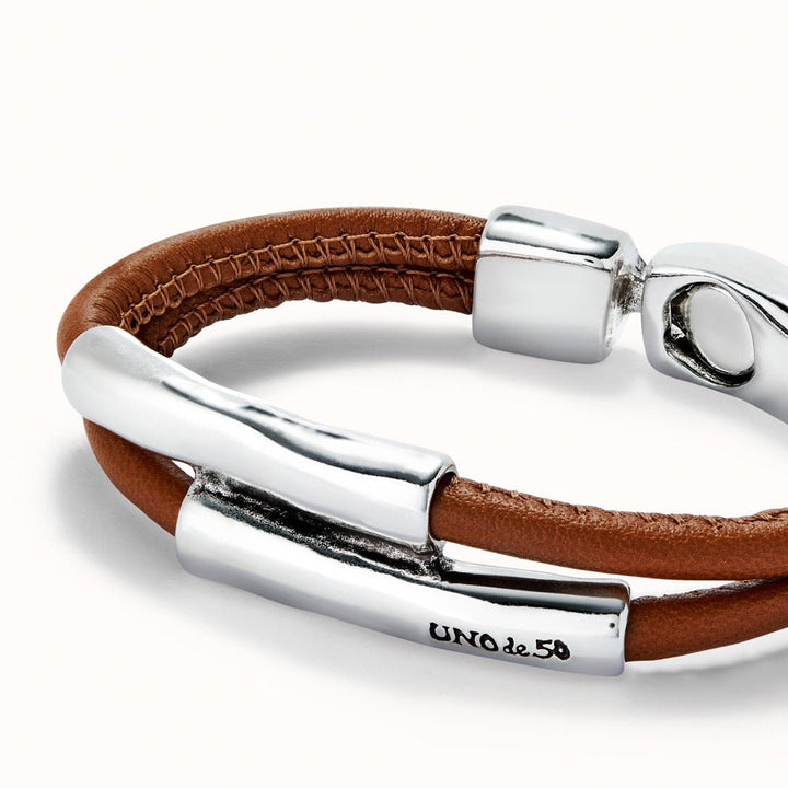 UNOde50 Double Brown/Camel Leather Sterling Silver - Plated Bracelet With Two Tubes - MococoUNOde50PUL2464CAMMTL - LBracelets