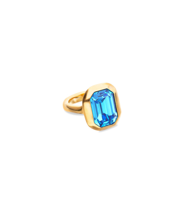 UNOde50 Gold Faceted Blue Crystal Rectangular Ring - MococoUNOde50ANI0864AZUORO12Rings