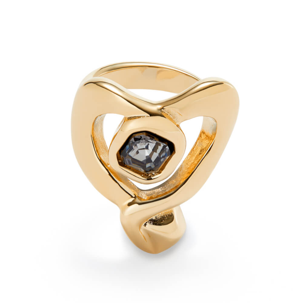 UNOde50 Gold Large Heart and Central Black Crystal Ring - MococoUNOde50ANI0842NGRORO12Rings