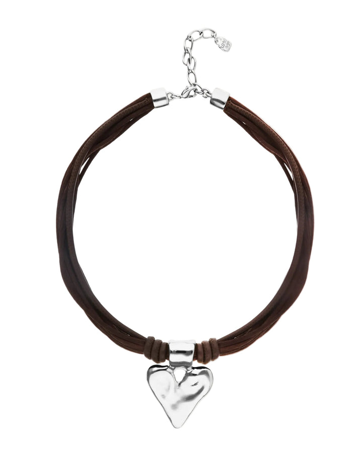 UNOde50 Silver Brown Leather and Silk Thread Heart Necklace - MococoUNOde50COL2066MARMTL0UNecklaces