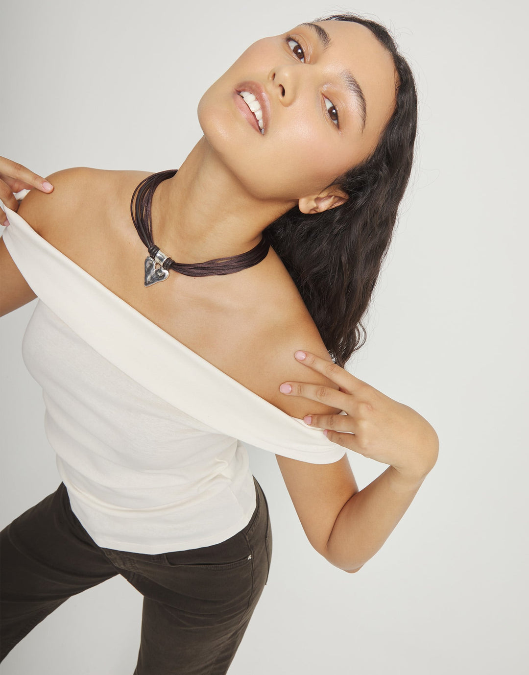 UNOde50 Silver Brown Leather and Silk Thread Heart Necklace - MococoUNOde50COL2066MARMTL0UNecklaces