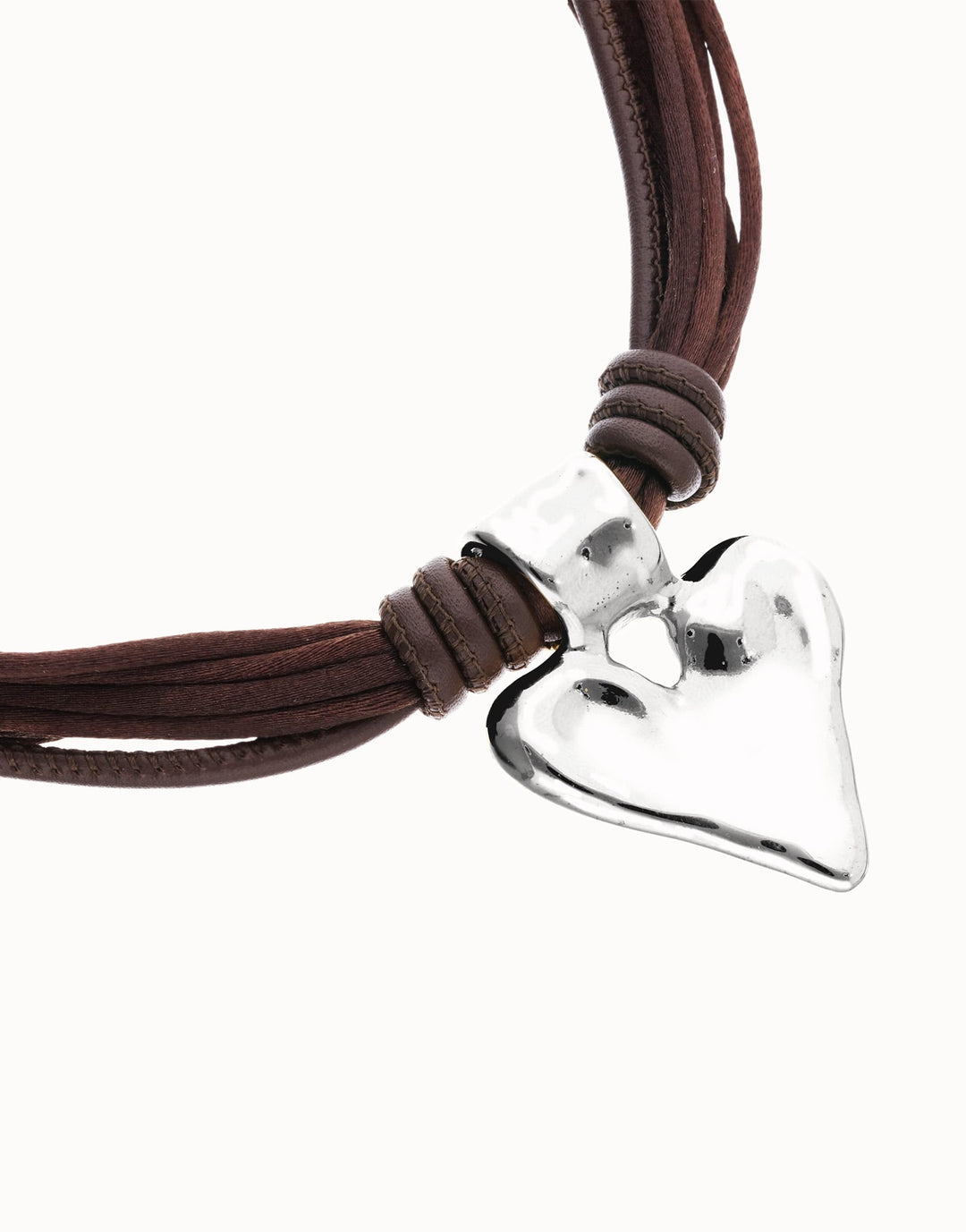 UNOde50 Silver Brown Leather and Silk Thread Heart Necklace - MococoUNOde50COL2066MARMTL0UNecklaces