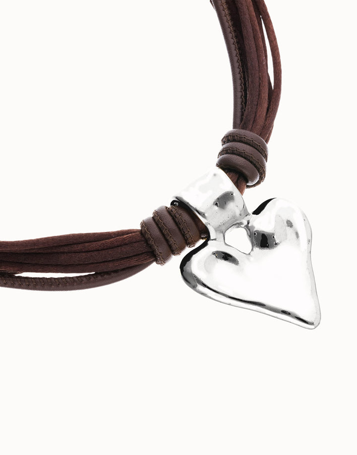 UNOde50 Silver Brown Leather and Silk Thread Heart Necklace - MococoUNOde50COL2066MARMTL0UNecklaces