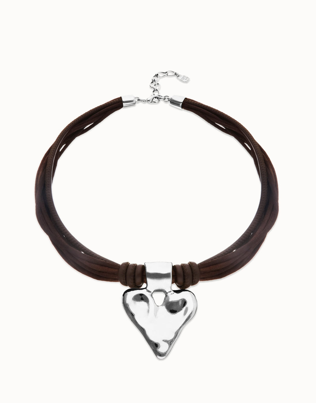 UNOde50 Silver Brown Leather and Silk Thread Heart Necklace - MococoUNOde50COL2066MARMTL0UNecklaces